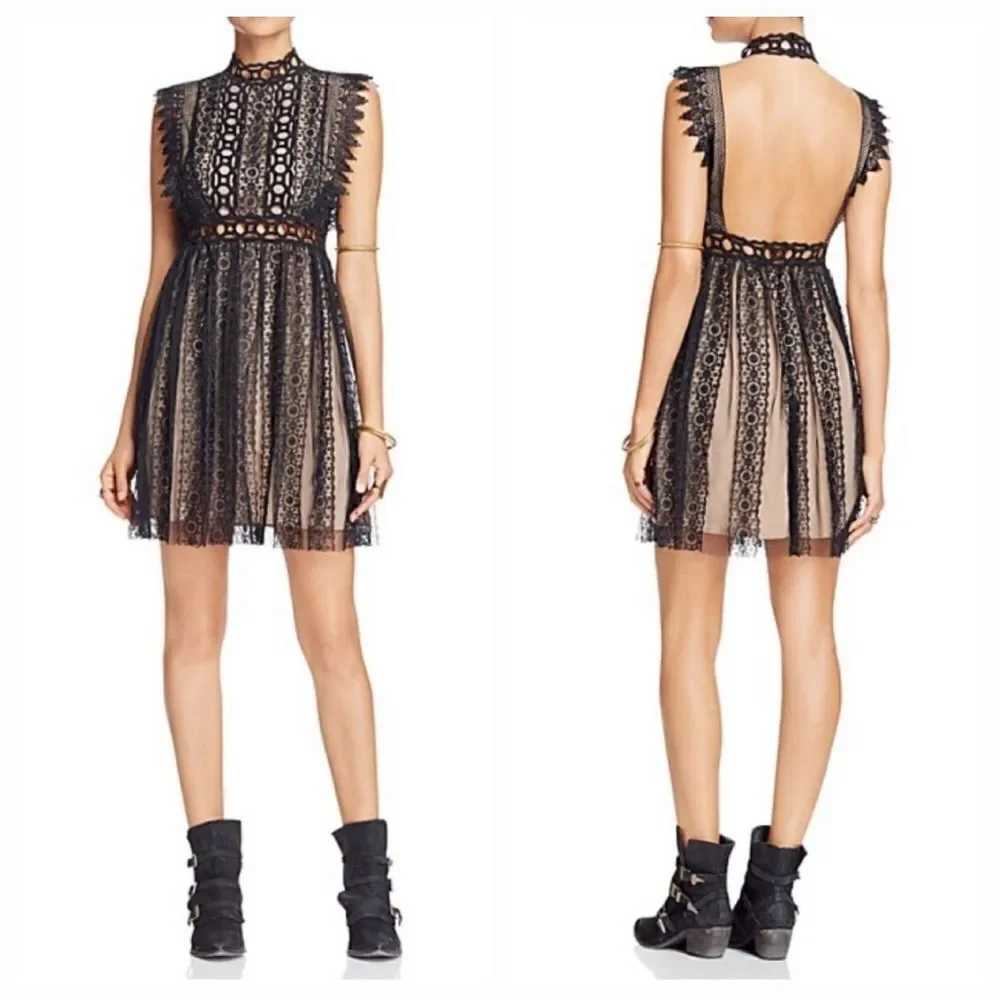 NEW Free People Forever Lace Embroidered Open Back Babydoll Black Dress Size 8